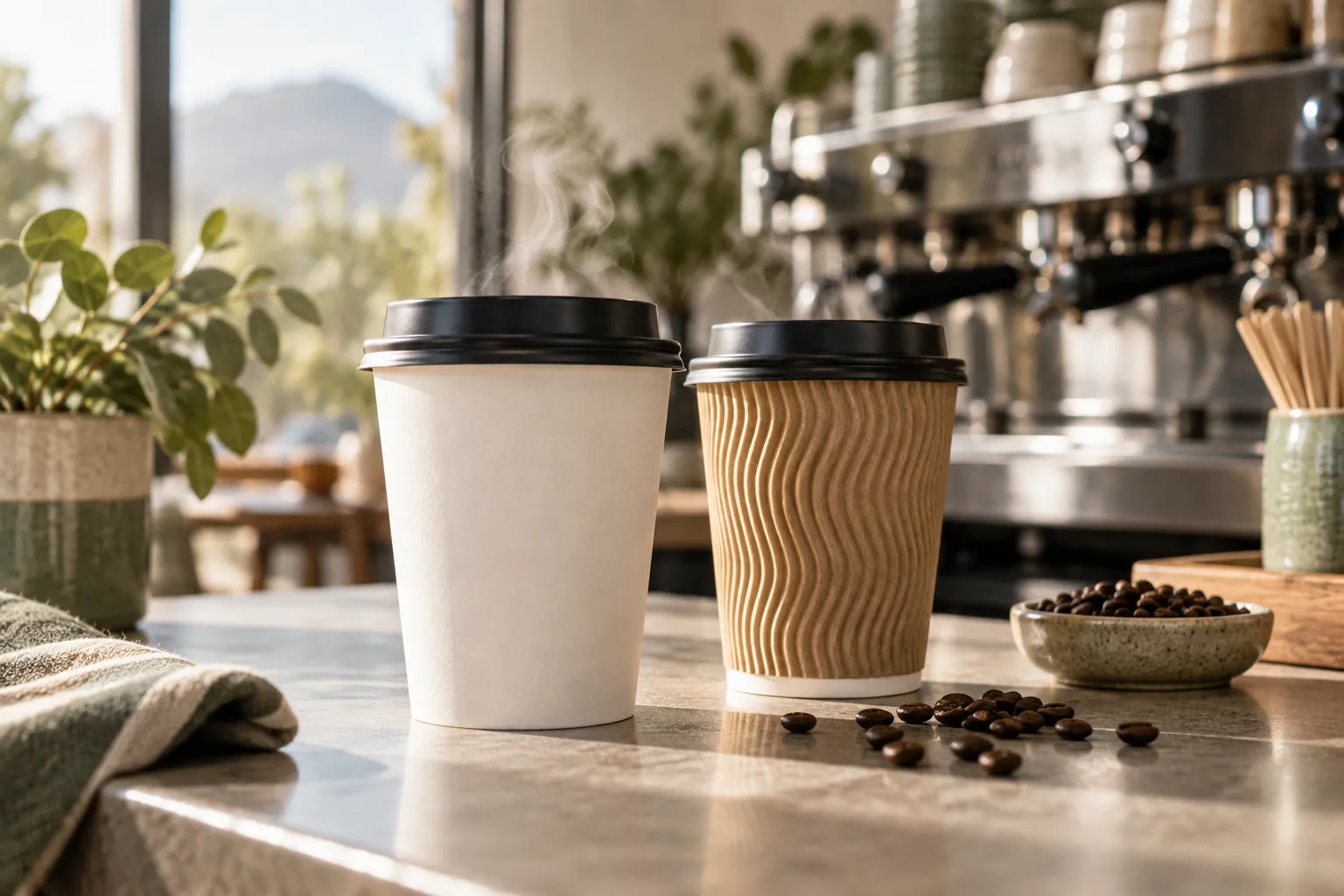 Paper takeaway coffee cups on a café counter